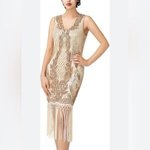 SweetV Vintage Flapper Elegant Beige and Gold Beaded Dress Gateby size Medium